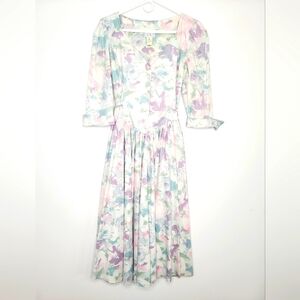 Expo Floral Scalloped Neckline Fit N Flare Dress Pockets Size 6 80s Cottagecore